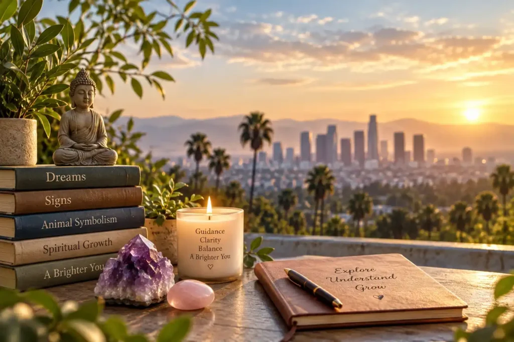 Spiritual guidance and symbolism with Los Angeles skyline, crystals, candle, and meditation statue